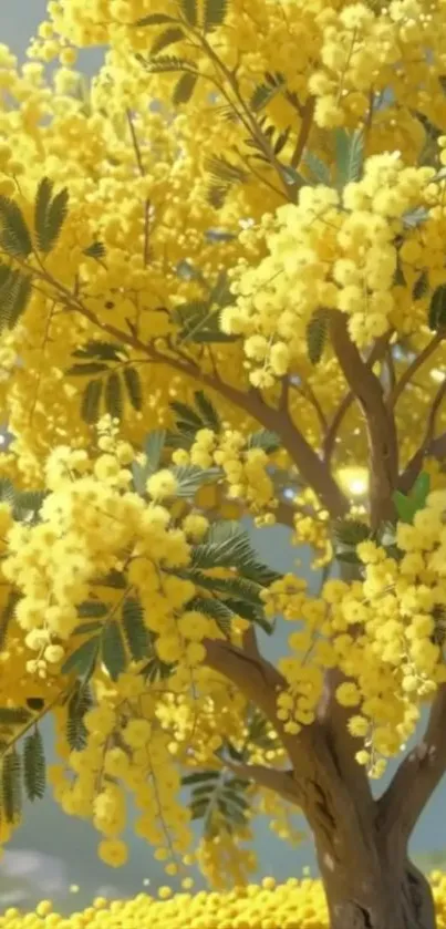 A vibrant yellow tree in full bloom against a peaceful backdrop.