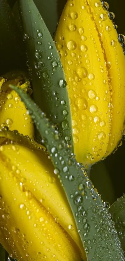 Close-up of yellow tulip with dew drops on petals.