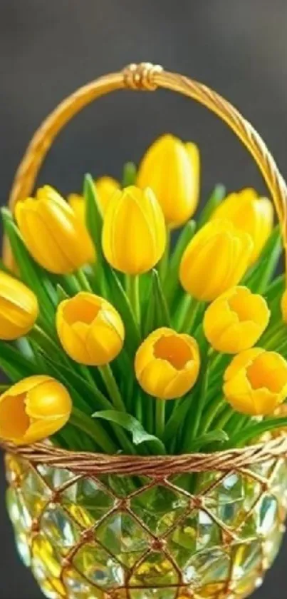 A vibrant basket of yellow tulips for mobile wallpaper.