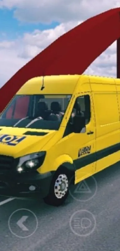 Yellow van on road with blue sky, red bridge in background.