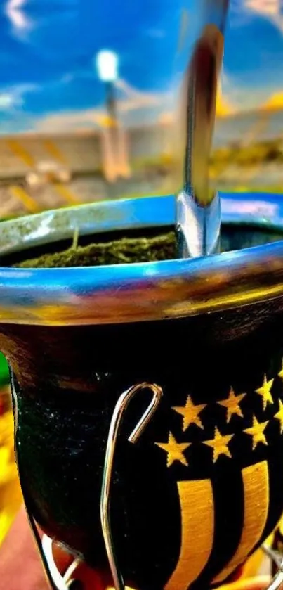 Yerba mate cup with stadium background, vibrant colors.