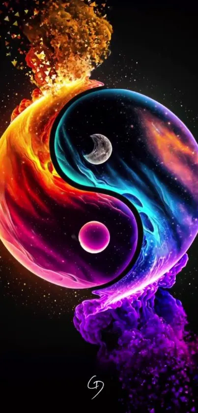 Vibrant Yin Yang wallpaper with cosmic colors.