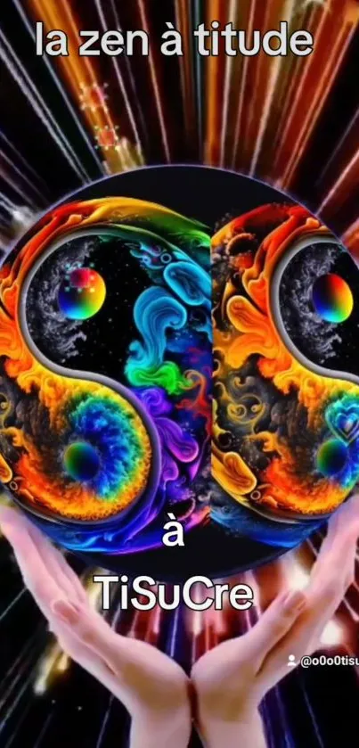 Vibrant cosmic Yin Yang art with hands.