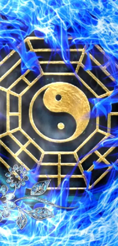 Vibrant mobile wallpaper with blue flames and Yin Yang symbol.