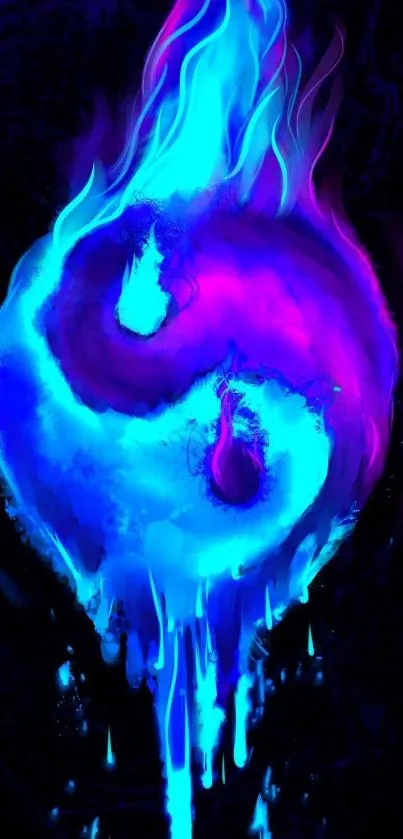 Vivid blue and purple yin yang flame wallpaper.