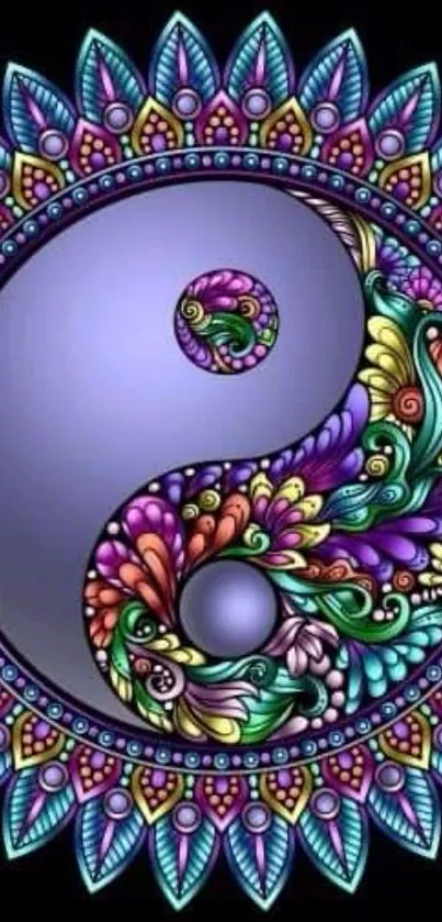 Vibrant Yin Yang mandala with intricate colorful patterns on a mobile wallpaper.