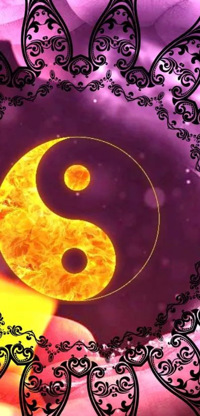 Vibrant purple and yellow Yin Yang wallpaper with intricate black designs.