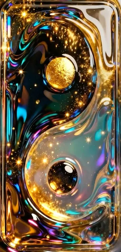 Vibrant yin-yang wallpaper with colorful swirls and cosmic elements.