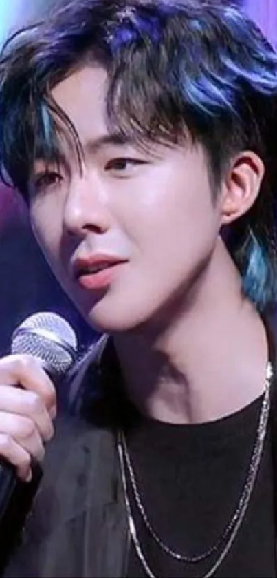 Young singer passionately performing on stage.