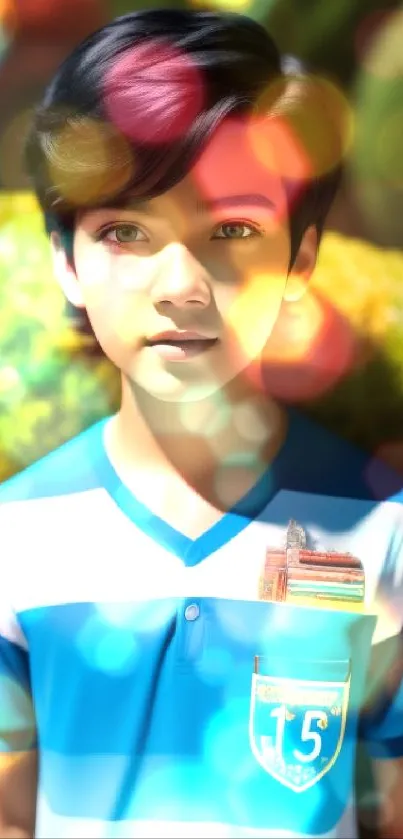 Vibrant portrait of a young boy in a sporty shirt with a green foliage background.