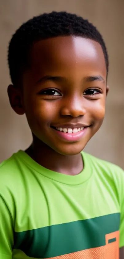 Smiling child in green shirt mobile wallpaper.