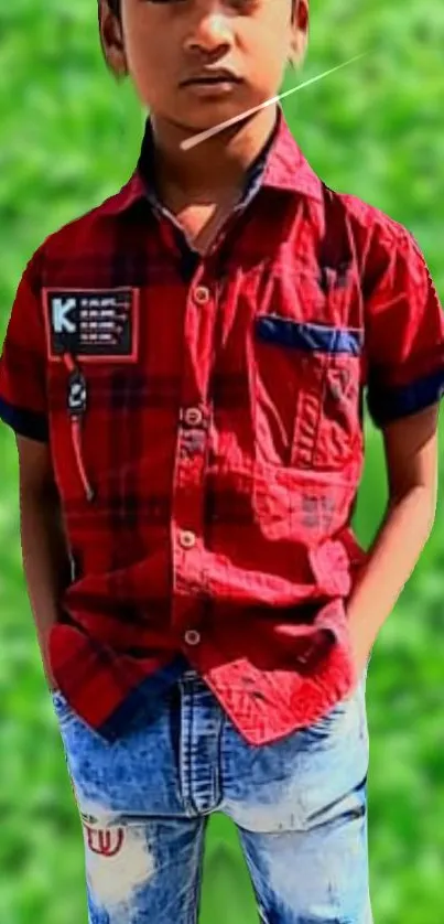 Boy in red shirt with green background.