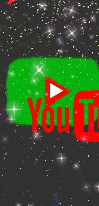 Bright YouTube button with cosmic glitter background.