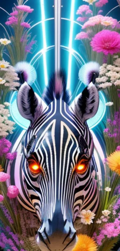 Zebra head with glowing eyes surrounded by vibrant flowers and neon lights.