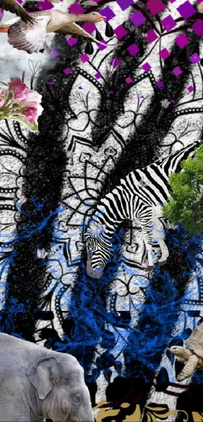 Vibrant zebra pattern wallpaper with nature and animal elements.