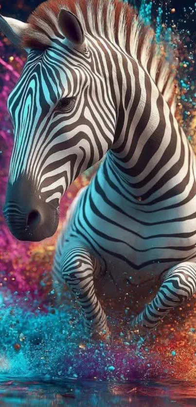 Zebra creating a colorful splash in dynamic wallpaper