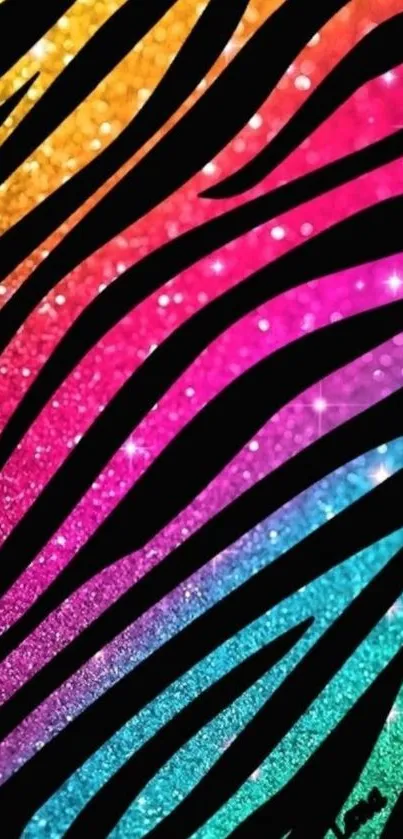 Colorful glitter zebra stripe wallpaper with rainbow hues.