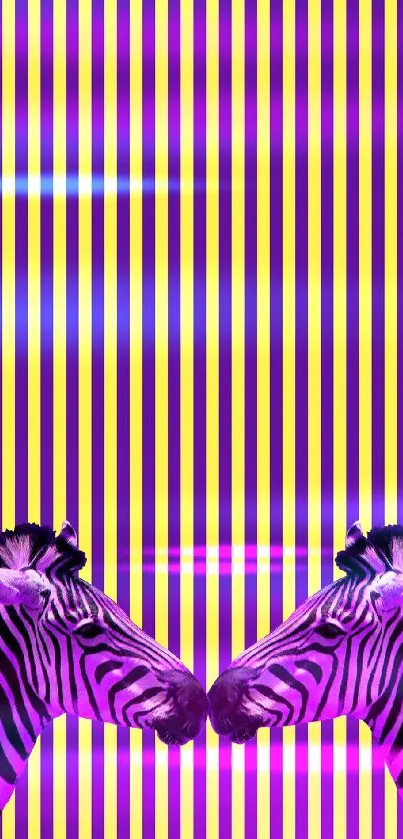 Vibrant purple and yellow zebra wallpaper with stripes.