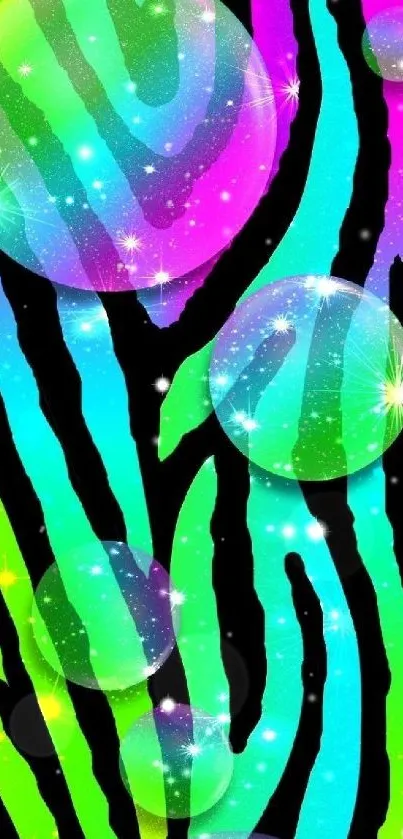 Vibrant neon zebra stripes with glowing bubbles design.