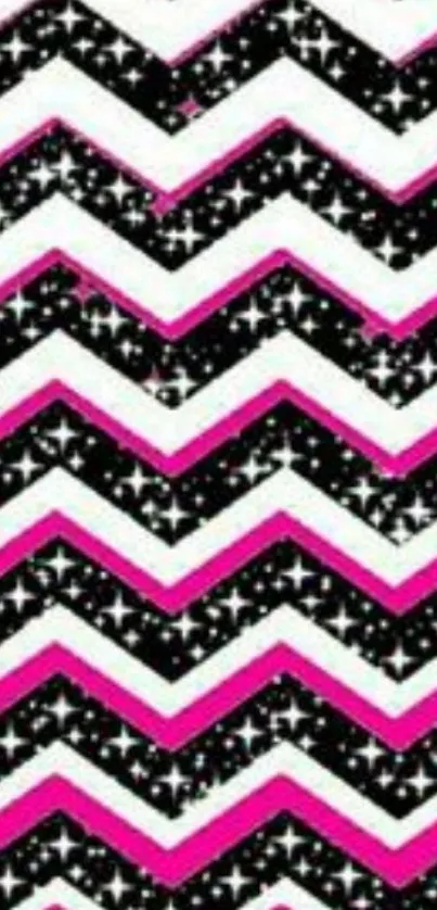 Pink and black chevron pattern with stars on a mobile wallpaper.