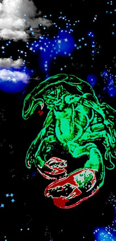 Vibrant green zodiac crab with blue stars and clouds on a black background.