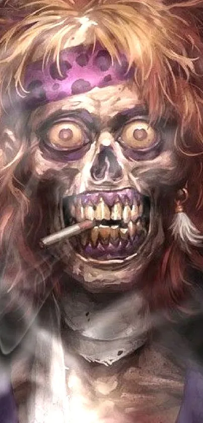 Vibrant zombie smoking art with purple hues and detailed features.