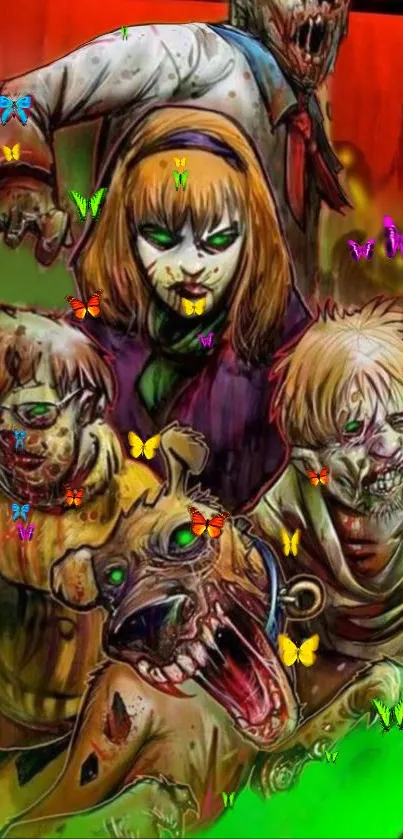 Colorful zombie art wallpaper with butterflies.