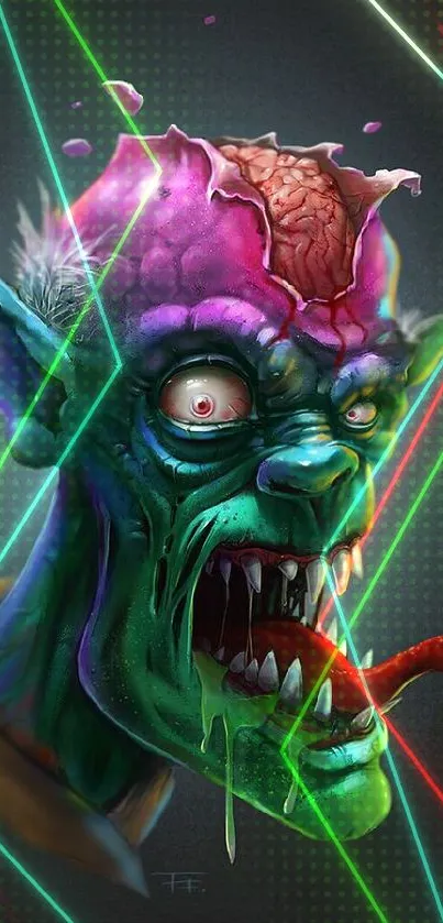 Vivid zombie head art in green and pink on dark background.