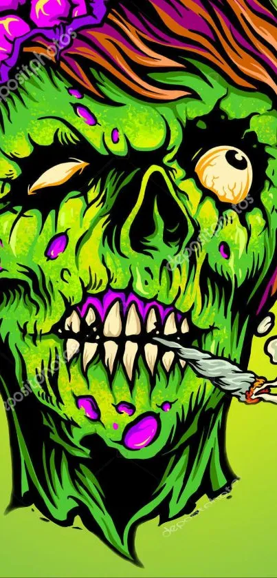 Vibrant zombie illustration with green hues on phone wallpaper.