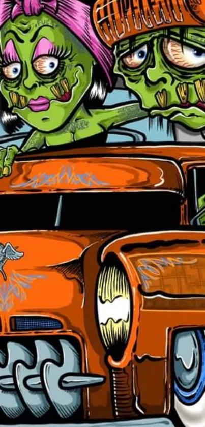 Cartoon zombies driving an orange car.