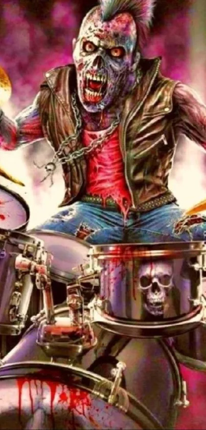 Dynamic and colorful zombie drummer playing drums in edgy art design.