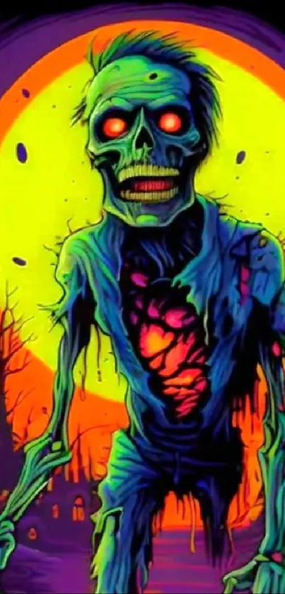 Vibrant neon zombie with glowing eyes against a full moon backdrop.