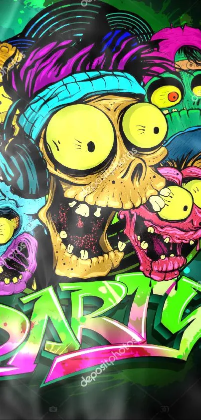 Vibrant neon zombie skulls party wallpaper with bold colors and playful design.