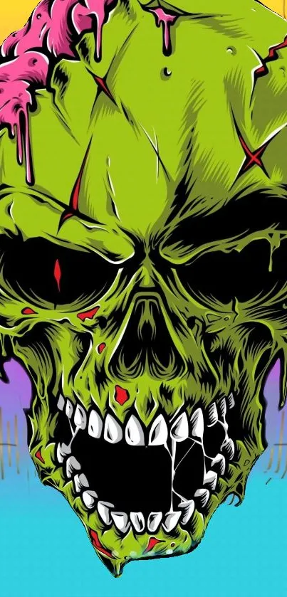 Colorful zombie skull wallpaper with vibrant green and pink hues.