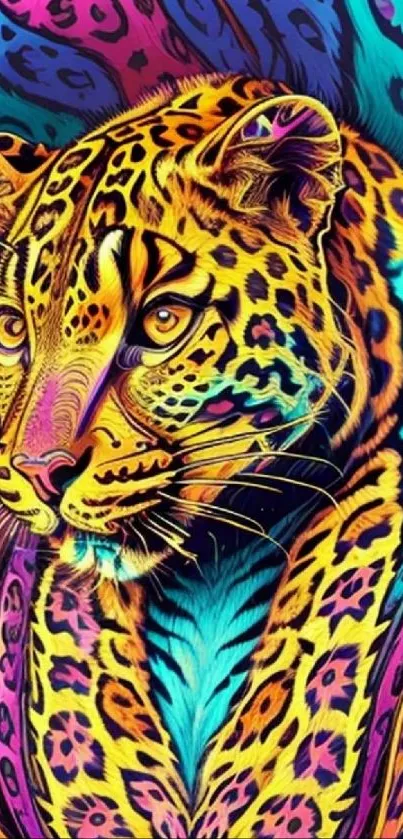 Vibrant, colorful leopard design mobile wallpaper.