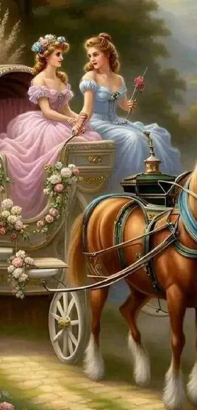 Victorian art with a horse-drawn carriage and elegantly dressed women.