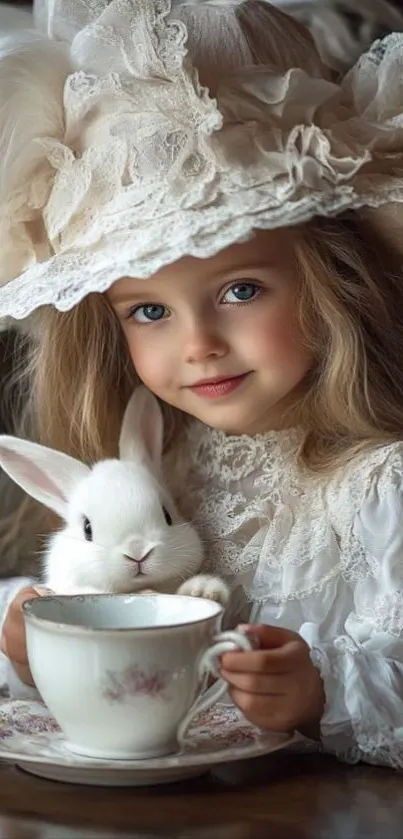 Girl in Victorian dress with rabbit and teacup
