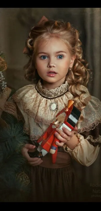 Victorian girl holding a nutcracker in a Christmas setting.