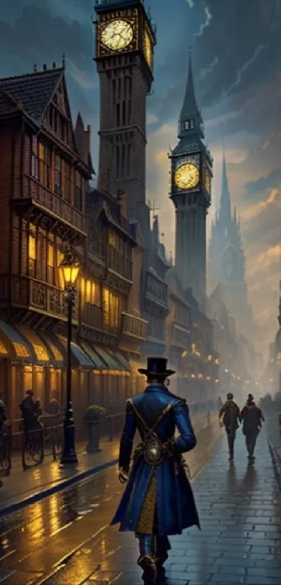 Victorian-style city street at night with clock towers and fog.