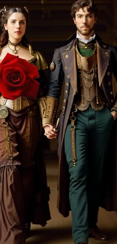 Victorian couple with a red rose, exuding elegance and historical charm.