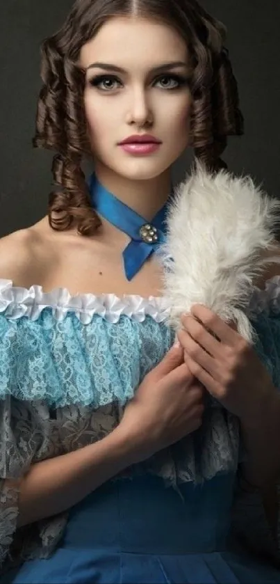 Victorian model in blue lace dress holding feather, phone wallpaper.