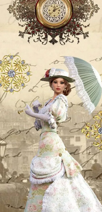 Victorian inspired wallpaper with elegant lady and vintage clock design.