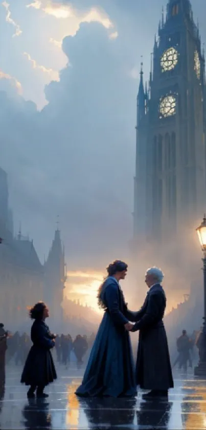 Victorian evening cityscape with silhouettes and historic architecture.