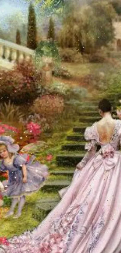 Victorian garden scene with elegant women in dresses.