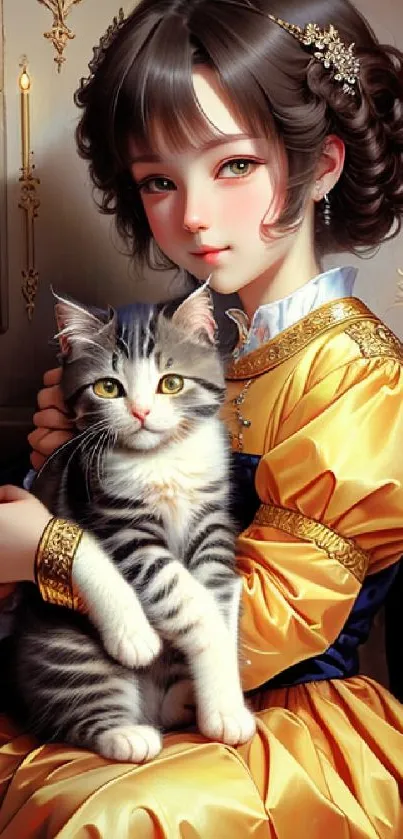 Victorian-style girl holding a cat in a beautiful, elegant setting.