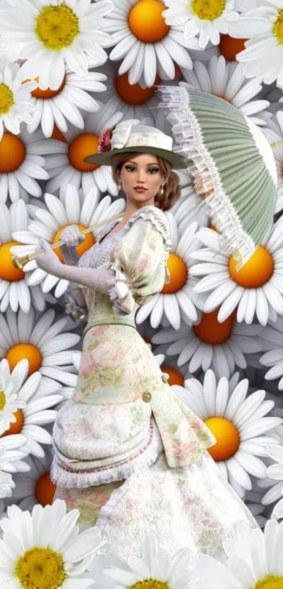 Victorian lady posing with parasol amidst daisies.