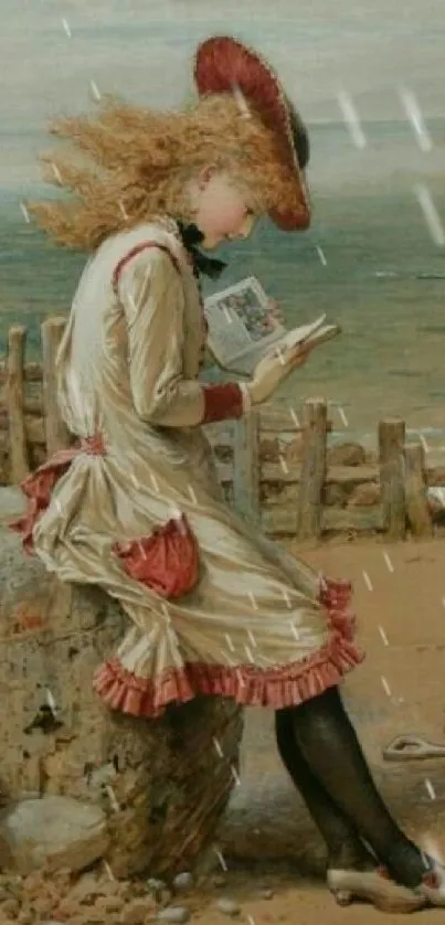 Victorian painting of a lady reading by the beach.