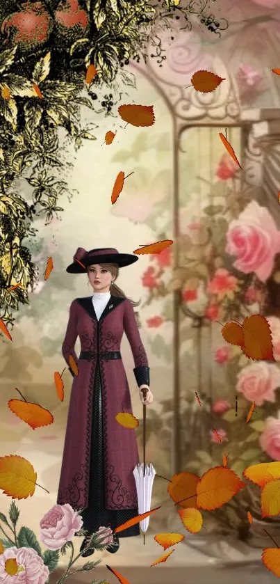 Victorian lady in floral garden with autumn leaves overlay.