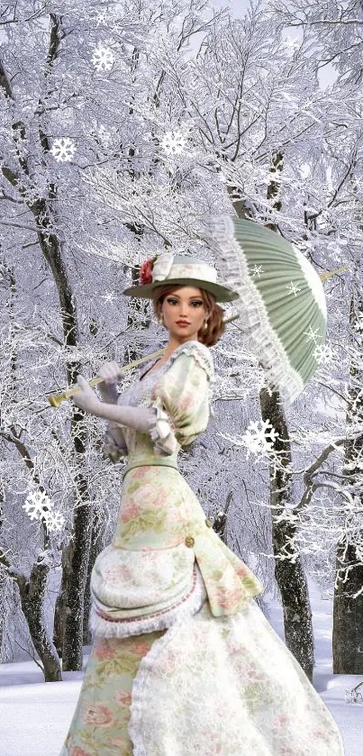 Victorian lady with parasol in snowy winter forest scene.