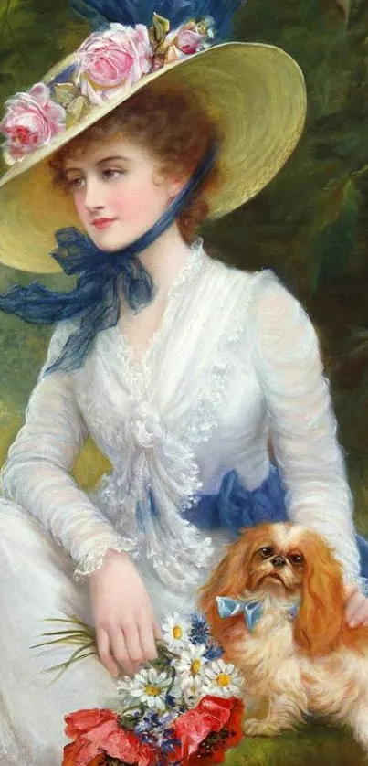 Victorian lady in white dress with hat and dog in a lush garden setting.